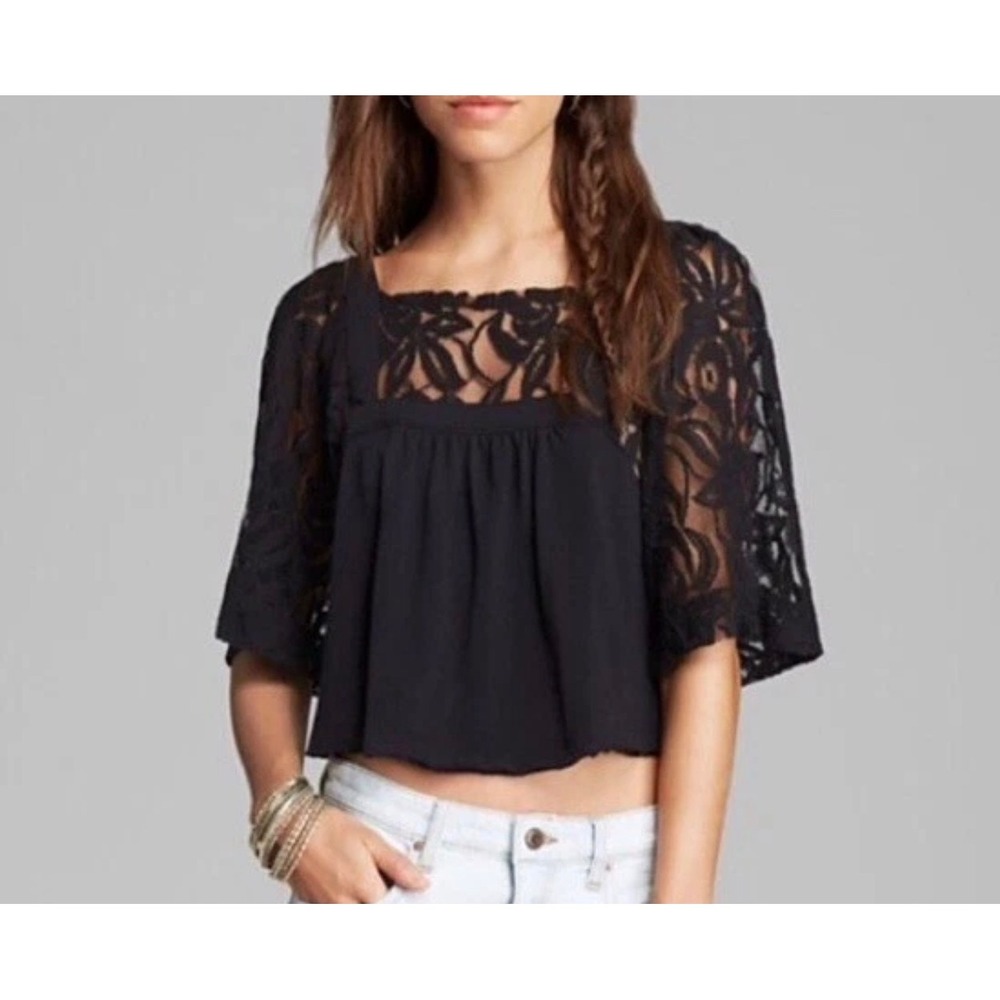 NWT Catalina Free People Crop Top Women XS Black Lace Flutter Sleeve We The Free